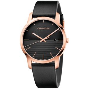 Reloj Calvin Klein City K2G2G6CZ Suizo Fecha Acero Inoxidable Oro Rosado Correa Cuero Negro