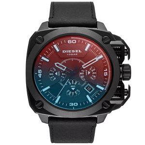 Reloj Diesel BAMF DZ7448 Fecha Cronómetro Correa Cuero Negro Cristal Iridiscente