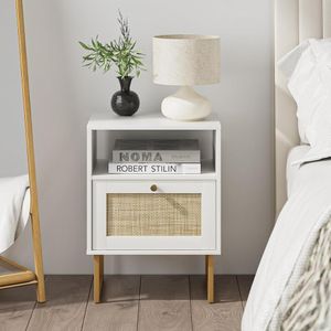 Mesita de Noche con Malla en Ratán Leonard color Blanco 1 puerta TU MESITA