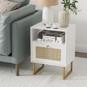 Mesita de Noche con Malla en Ratán Leonard color Blanco 1 puerta TU MESITA