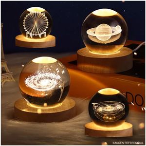 Esfera de Cristal 3D Mini Lámpara de Noche Luz Cálida Galaxia