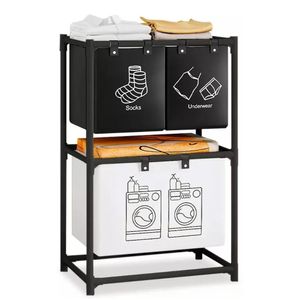 Cesto de Ropa 2 Niveles 3 Compartimientos para Lavandería 97x57x28cm Negro
