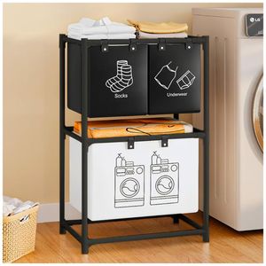 Cesto de Ropa 2 Niveles 3 Compartimientos para Lavandería 97x57x28cm Negro