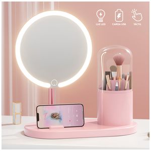 Espejo LED con Organizador Giratorio de Maquillaje Rosado Y14
