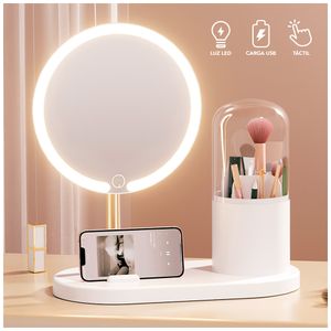 Espejo LED con Organizador Giratorio de Maquillaje Blanco Y14