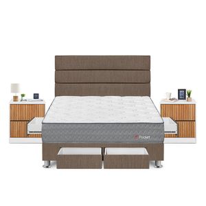 Dormitorio Forli Pockinget Con 4 Cajones Queen + Velador Roma + Respaldo Marron