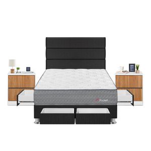 Dormitorio Forli Pockinget Con 4 Cajones 2 Plazas + Velador Roma + Respaldo Gris