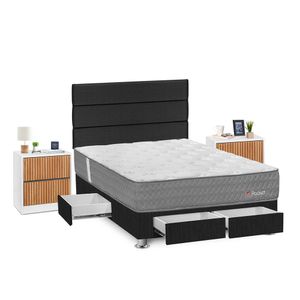 Dormitorio Forli Pockinget Con 4 Cajones 2 Plazas + Velador Roma + Respaldo Gris