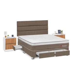 Dormitorio Boreal Con 4 Cajones Queen + Velador Roma + Respaldo Marron