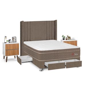 Dormitorio Sirius Con 4 Cajones 2 Plazas + Velador Milan + Respaldo Marron