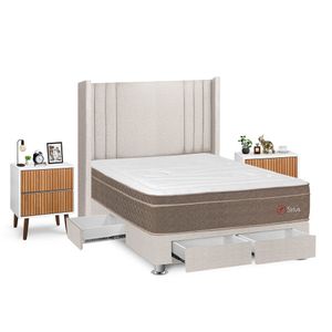 Dormitorio Sirius Con 4 Cajones 2 Plazas + Velador Milan + Respaldo Beige