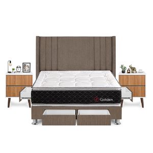 Dormitorio Golden Con 4 Cajones King + Velador Milan + Respaldo Marron