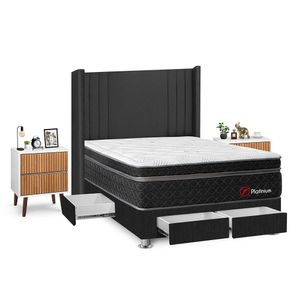 Dormitorio Platinium Con 4 Cajones 2 Plazas + Velador Milan + Respaldo Gris