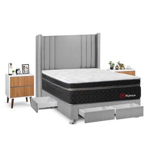Dormitorio Platinium Con 4 Cajones 2 Plazas + Velador Milan + Respaldo Plata