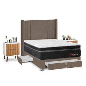 Dormitorio Platinium Con 4 Cajones 2 Plazas + Velador Milan + Respaldo Marron
