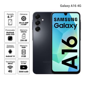 Celular Samsung Galaxy A16 4G 256GB, 8GB RAM, cámara principal 50MP + 5MP + 2MP, frontal 13MP, 6.7", negro