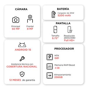Celular Motorola Moto G15 4G 256GB, 4GB RAM, cámara principal 50MP + 5MP, frontal 8MP, 6.72", gris