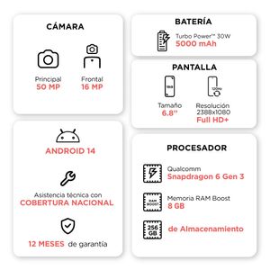 Celular Motorola Moto G75 5G 256GB, 8GB RAM, cámara principal 50MP + 8MP, frontal 16MP, 6.8", azul
