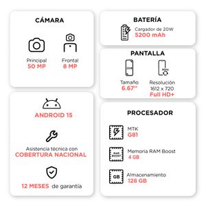 Celular Motorola Moto G05 4G 128GB, 4GB RAM, cámara principal 50MP, cámara frontal 8MP, 6.67", verde