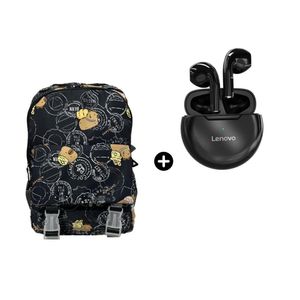 Audífono Lenovo HT38 BT Negro + Mochila Multiusos Capibara Viral con Broche Negro
