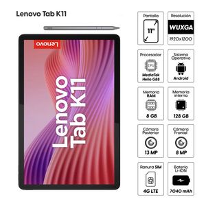Tablet Lenovo Tab K11 11" LTE, 128GB, 8GB RAM, cámara principal 13MP, frontal 8MP, 7040 mAh, gris + Teclado + Lápiz