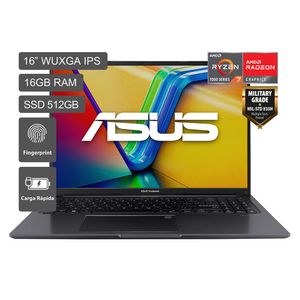 Laptop Asus Vivobook 16" AMD Ryzen 7-7730U, 512GB SSD, 16GB RAM DDR4, Win 11, teclado español, negro
