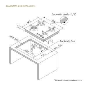Cocina Encimera Empotrable Sole Scollection Pureblack a Gas Smart 60cm
