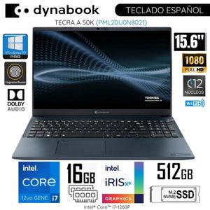 Laptop Dynabook Tecra A 50K Intel Corei7-1260P 16GB RAM 512GB SSD 15.6" FHD Win 10 Pro PML20U0N8021