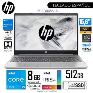Laptop HP 15-FD0055LA Intel Corei5-1235U 8GB RAM 512GB SSD 15.6" HD WIN11 - Plateado