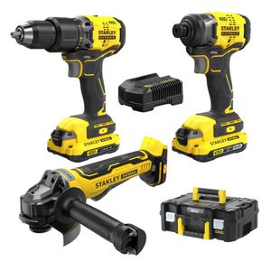 Taladro Percutor + Atornillador de Impacto + Amoladora 20v Stanley SBDI465D2T-B2/SBG700-B2