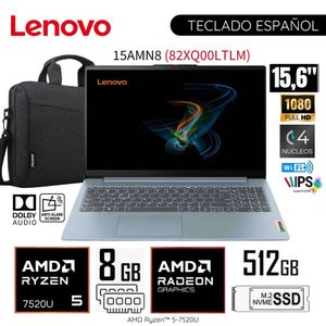 Laptop Lenovo Slim 3 15AMN8 AMD Ryzen 5-7520U 8GB RAM 512GB SSD 15.6" FHD 82XQ00LTLM WIN11+ MALETIN