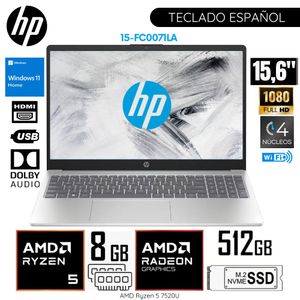 Laptop HP 15-FC0071LA AMD Ryzen 5 7520U 8GB DDR5 RAM 512GB SSD 15.6" FHD WIND 11