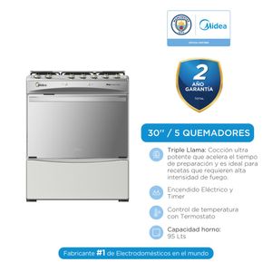 Cocina a Gas ProCook Midea 30" 5 Quemadores Acero Inoxidable con Puerta Espejo