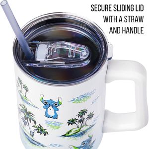 Lilo & Stitch | Vaso de acero inóxidable con asa y pajita | Blanco 40 OZ