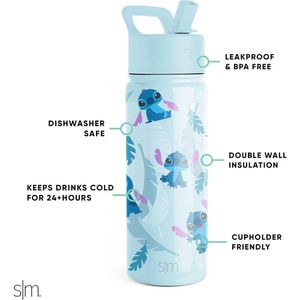 Simple Modern | Botella de acero inóxidable para niños con pajilla de Stitch | 18 OZ