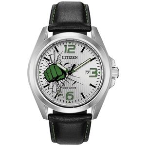 Reloj Citizen Eco Drive Marvel Hulk AW1431-24W Solar Fecha Acero Inoxidable Correa de Cuero Negro