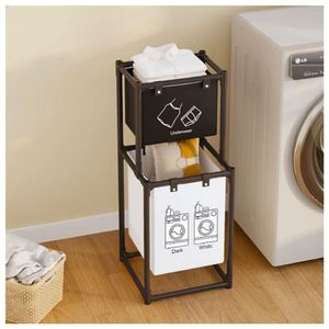 Cesto de Ropa 2 Niveles 2 Compartimientos para Lavandería 102x44x31 cm Negro