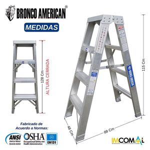 Escalera Aluminio Tijera Doble Ascenso de 4 Pasos Cap. Carga Max: 200 Kg Bronco American