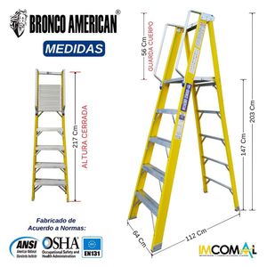 Escalera Fibra de Vidrio Tijera Plataforma de 5 Pasos Cap. Carga Max: 200 Kg Bronco American