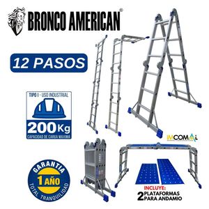 Escalera Alumino Multiposición de 12 Pasos 4x3 Cap. Carga Max: 200 Kg Bronco American