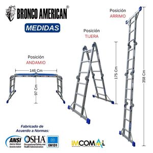 Escalera Alumino Multiposición de 12 Pasos 4x3 Cap. Carga Max: 200 Kg Bronco American