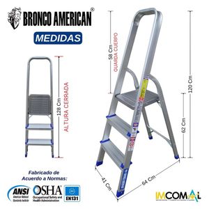 Escalera Aluminio Tipo Banqueta de 3 Pasos Cap. Carga Max: 150 Kg Bronco American