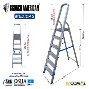 Escalera Aluminio Tipo Banqueta de 6 Pasos Cap. Carga Max: 150 Kg Bronco American