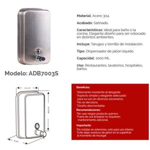 Dispensador de Jabón Líquido ADB 7003S 1000ml Acero Inoxidable Satinado