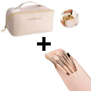 Combo Neceser Estuche de Cosméticos Beige + Brochas de Maquillaje Set 8 piezas con Estuche Rosado