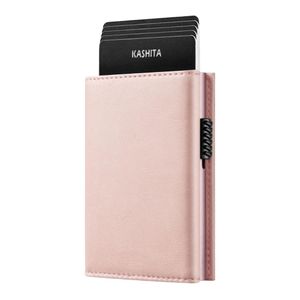 Billetera Color Rosa Rose Gold De Aluminio con Porta Monedas Cuero Anti Clonación RFID