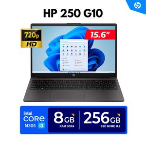 LAPTOP HP 250 G10 15.6" HD LED Core i3-N305 3.80GHz 8 Núcleos 8GB DDR4-3200MHz 256GB SSD FREEDOS