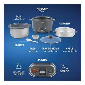 Olla Arrocera Oster 15 Tazas 3 en 1 Función de Sofrito Vaporera Gris