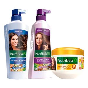 Pack NUTRIBELA Shampoo Hialurónico 400ml + Acondicionador Biokeratina 370ml + Tratamiento Capilar Reparación Intensiva 300ml