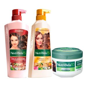Pack NUTRIBELA Shampoo Células Madre 400ml + Acondicionador Reparacion Intensiva 370ml + Tratamiento Capilar Nutrición 300g